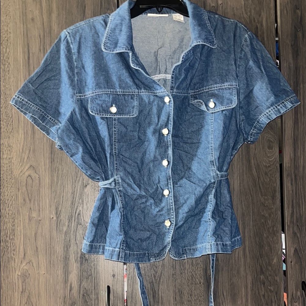 Short Sleeve Denim Button-Up Jacket Shirt in Blue